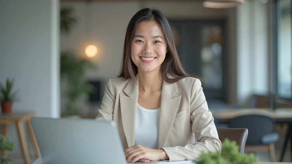 Профессиональная фотография деловой женщины среднего возраста, полностью одетой в светлый костюм, сидящей за столом с ноутбуком и улыбающейся, современный офис, мягкое освещение, размытый фон