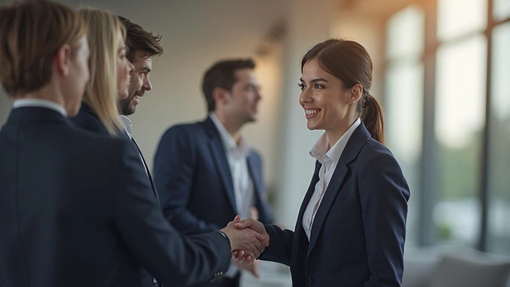 Профессиональная фотография бизнесвумена среднего возраста, полностью одетой в деловой костюм, ведущей переговоры с азиатским коллегой, современный офис, естественное освещение, размытый фон