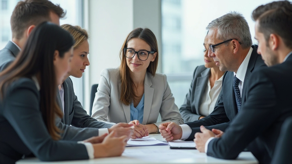 Профессиональная фотография деловой встречи в современном офисе с международной командой, обсуждающей проект за столом