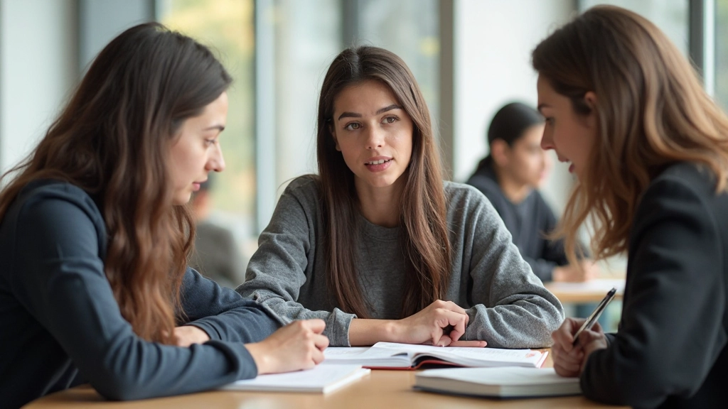 Студенты обсуждают французскую литературу в современной аудитории университета с французскими книгами на столе