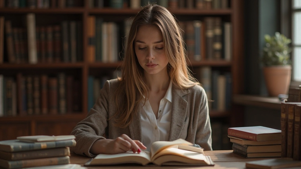 Студентка изучает французскую литературу в библиотеке с классическими произведениями Балзака и Гюго на столе