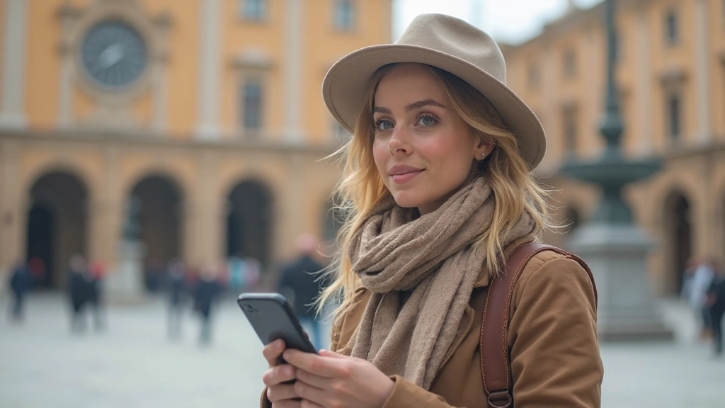 Путешественница осматривает достопримечательности европейского города, используя приложение для перевода на смартфоне