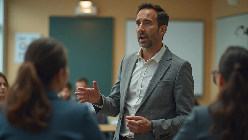 Преподаватель французского языка объясняет грамматику студентам на интерактивной доске в учебном центре Алматы