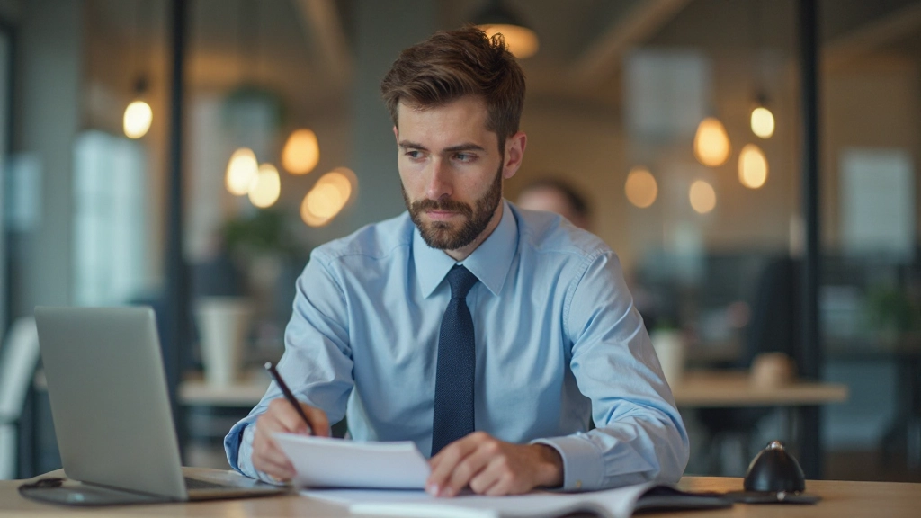 Профессиональная фотография молодого человека, полностью одетого в деловую одежду, работающего за столом с ноутбуком, в современном офисе, естественное освещение