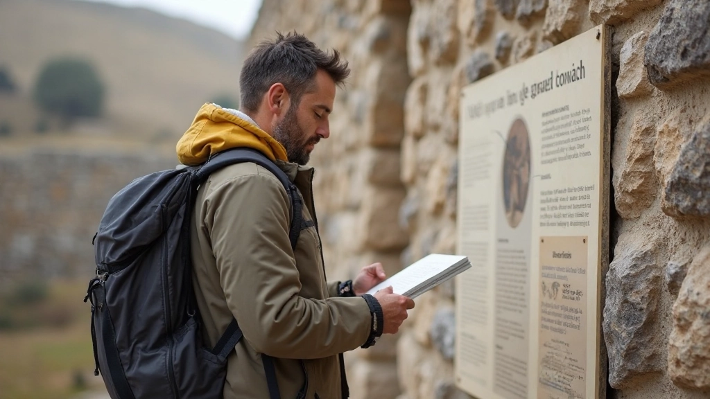 Турист читает историческую табличку на немецком языке рядом с древней крепостью в Германии
