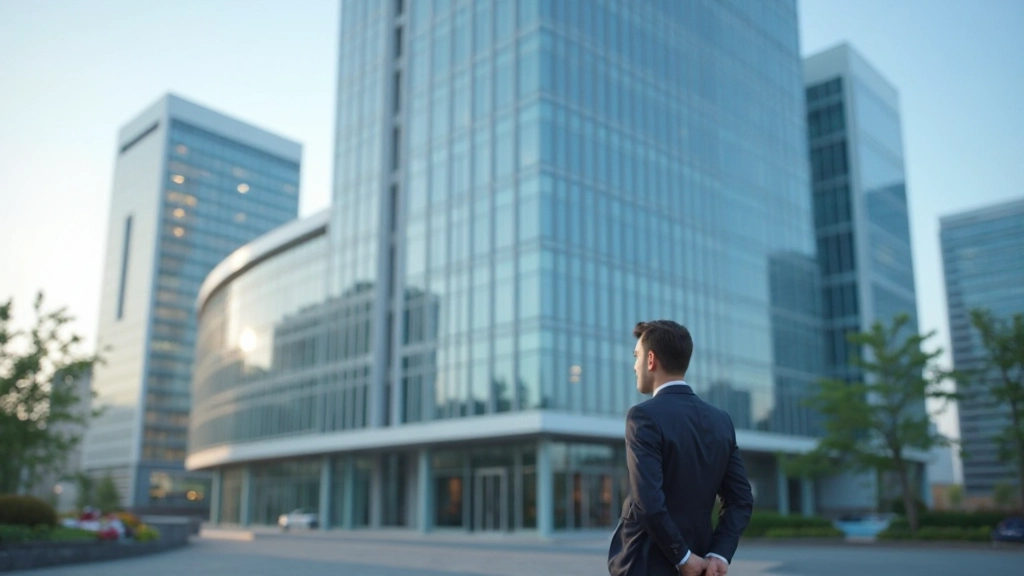 Профессиональная фотография многоэтажного современного офисного здания с архитектурными деталями и стеклянными фасадами в центре города