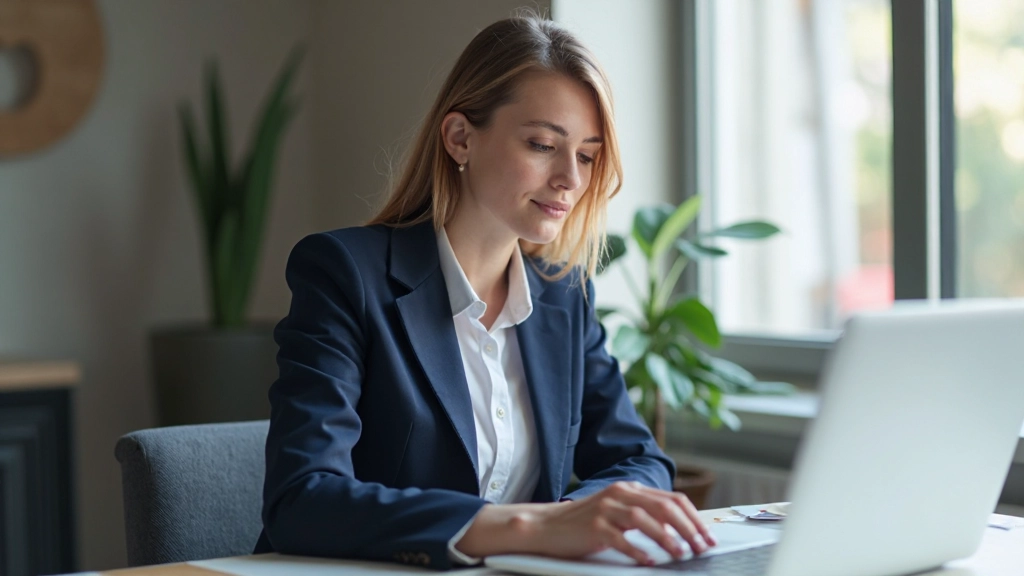 Профессиональная фотография деловой женщины, работающей за компьютером в современном офисе, полностью одета в деловой костюм, сосредоточенная на работе