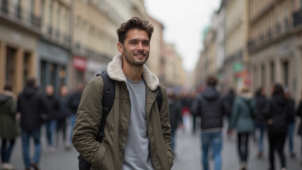 Молодой путешественник спрашивает направление у местного жителя на улице Берлина, оба улыбаются